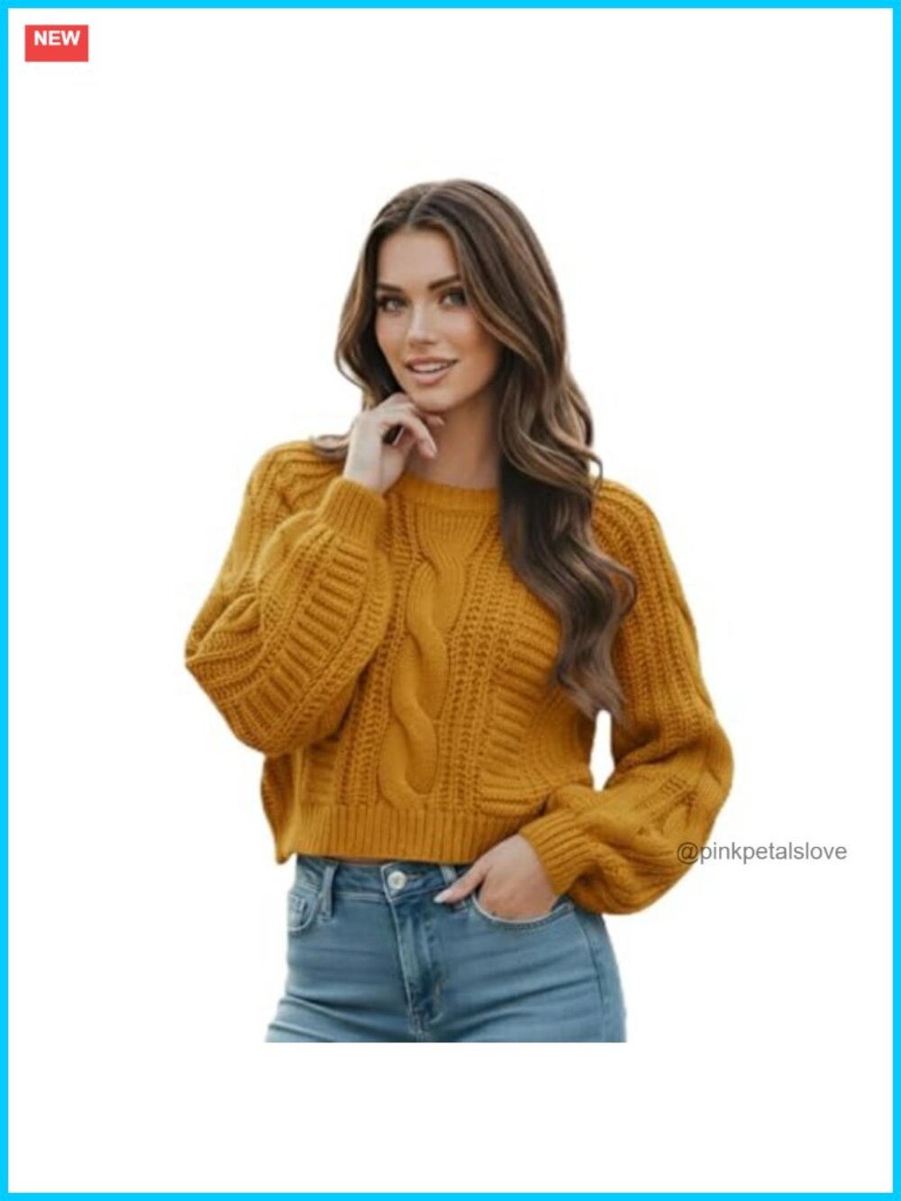 Cropped Cable Knit Sweater Long Sleeve Pullover Casual Fall Winter